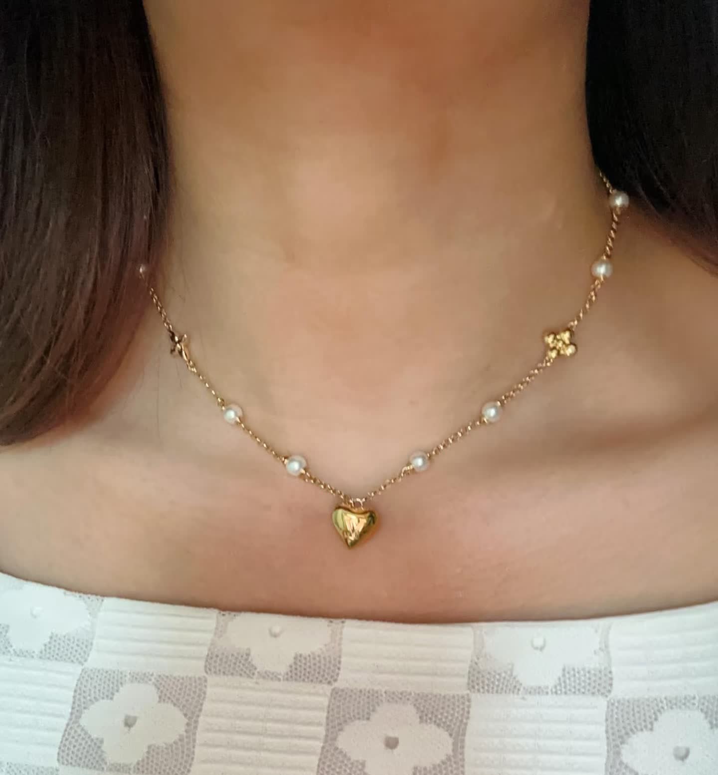 Louis Vuitton Gold Heart Necklace with Pearls